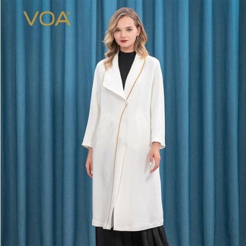 VOA 60m/m Thick Silk Women Clothes FE33 Lapel Long Sleeve Yellow Piping Business Atmosphere Spring Trench Coat for Women