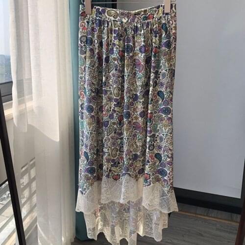 2020 New Women Skirt Irregular Stitching Lace Elastic Waist Print Retro Soft A-line Midi Skirts For Spring Summer
