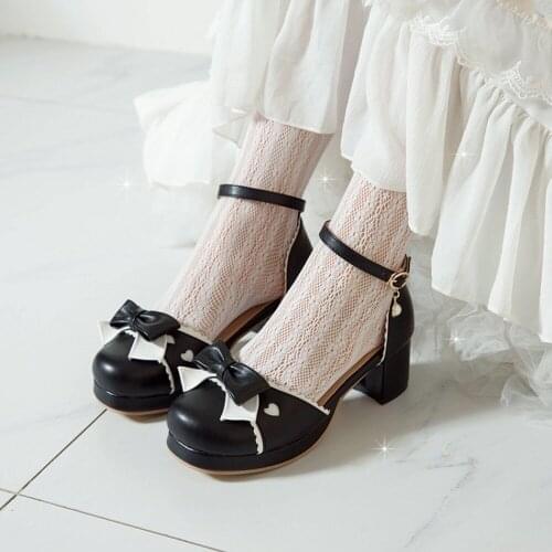 OLOMLB Womens Lolita Round Toe Bowknot Kawaii Cosplay Block Heel Shoes Ankle Belt Plus Size 34-48 Mary Janes Sweet New 2021