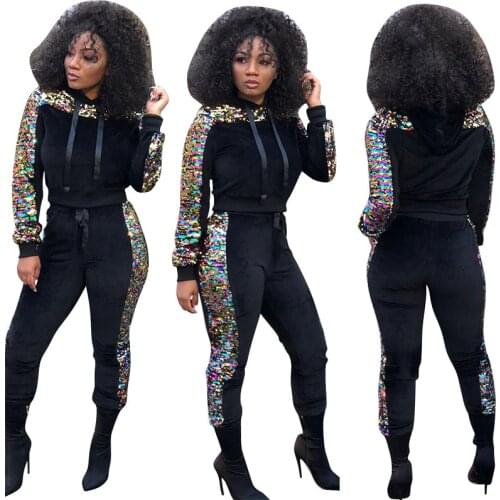 Sequin Splice Velvet Tracksuit Women Two Piece Set Spring Autumn Clothes Hooded Sweatshirt Crop Top and Pants Sweat Suit Outfits