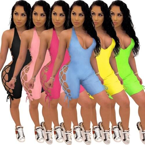 Adogirl Women Solid Lace Up Open Back Halter Jumpsuit Romper Sexy Night Club Party Wear Bodysuit One Piece Playsuit Outfits