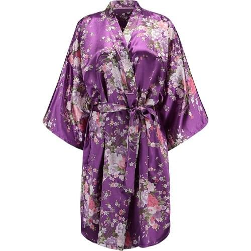 Womens Silk Robe Lightweight Purple Kimono Bathrobe 3/4 Sleeve Length Bridesmaid Bride Party Robes Nightgown S-XL