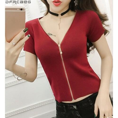 Fashion Red White Green Black Crop Top Women Sexy V-Neck Summer Midriff Ladies Tops Skinny Body Tshirt Zipper Knitted T-Shirt