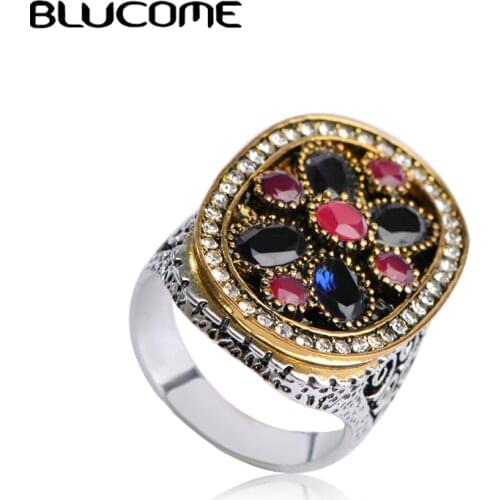 Blucome Vintage New Mosaic Big Blue Ring Acrylic Resin Antique Silver Color Bohemian Jewelry Womens Wedding Accessories Gifts