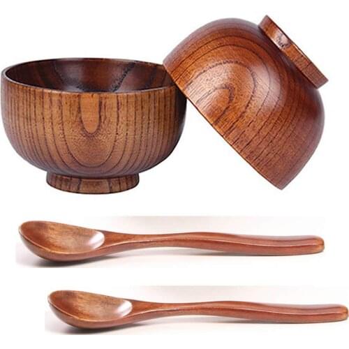 4 Pieces Wooden Handmade Bowl and Spoon for for Rice Miso Serving Home Kitchen Tableware