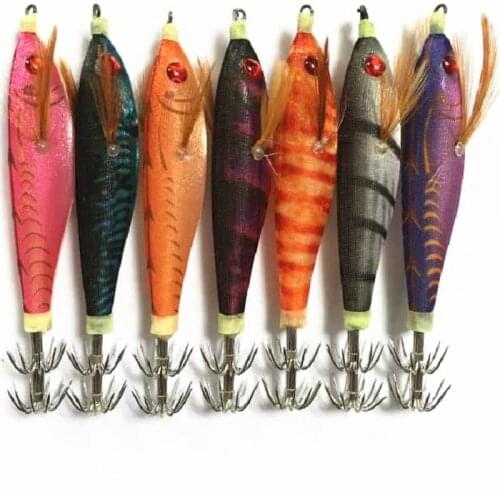 7Pcs Artificial Wood Shrimp Squid Jigs Bait 10cm 10g Jigging Squid Hook Trout Lure Fishing Tackle Squid Lure