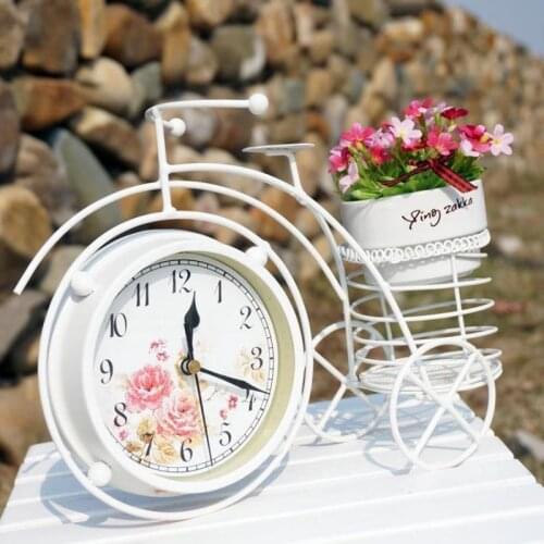 Rural Iron Bicycle Mute Desktop Clock With Flower Vase Home Decoration Vintage Table clock