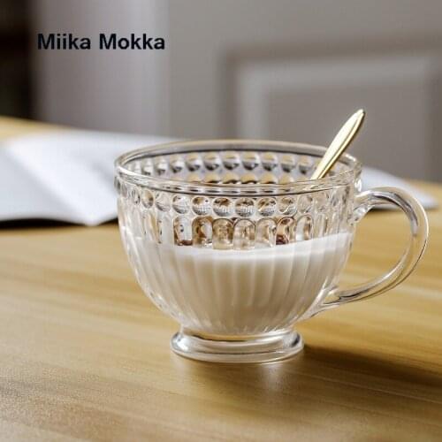 European Glass Cup Mug for Milk Breakfast Household Water Beer Drinks Wine Cup with Handle Sun Flower Retro Embossed