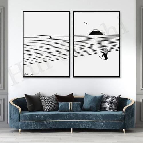 Ocean Art Print, Surf Poster, Shark fin print, Sunset Artwork, Beach print, Surfer Design, Yoga Poster, Yoga art