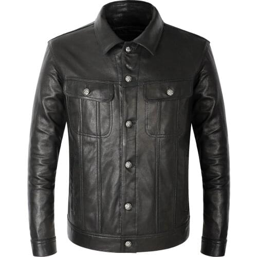 Mens Genuine Leather Jacket Casual Real Sheepskin Leather Coat For Spring Autumn Single Breasted Short Style Black Biker Slim