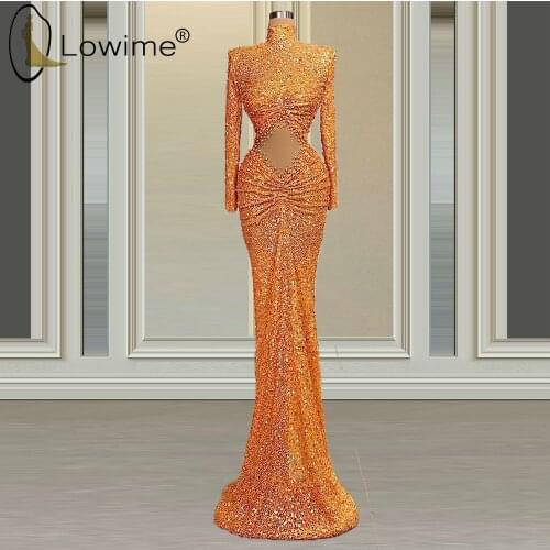 Orange High Neck Mermaid Evening Dresses Muslim Long Sleeve Evening Gowns Middle East Formal Dress