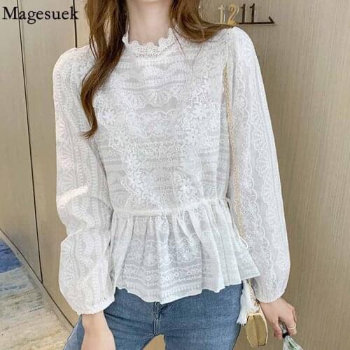 Autumn Ruffle Lace Flower Sweet Womens Shirt Drawstring Slim Long Sleeve Women Tops Loose Stand Collar Lace Blouse Blusas 16233