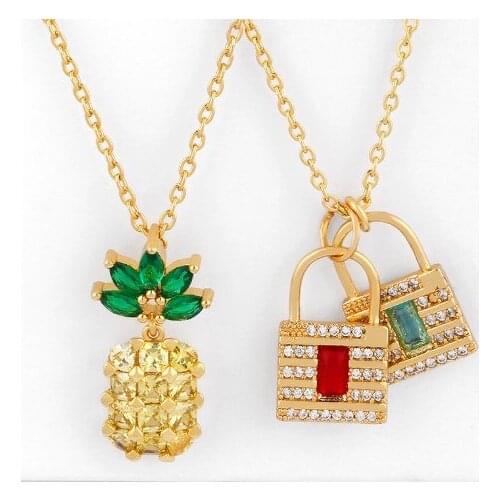 Lock pineapple multicolor micro pave cz zircon cubic zirconia necklace copper Clavicle gold plated Snake Chain Choker Pendant
