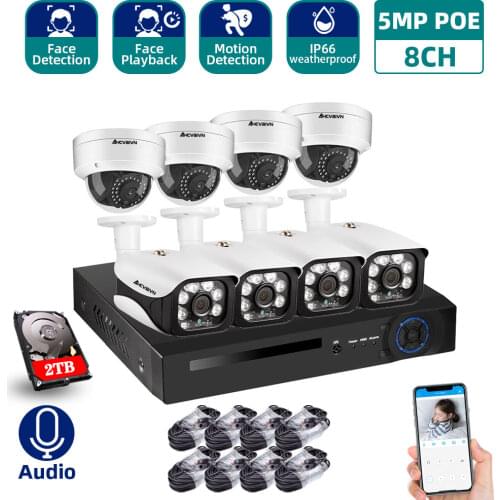 Face Detection H.265 8CH 5MP 4K HD CCTV Set Video Surveillance Kit Security Camera System Audio IP Cam P2P POE NVR Kit 2TB HDD