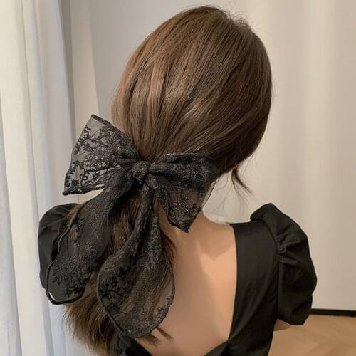 White Black Lace Bowknot Elastic Hair Band Tie Large Bow Hair Clips Barrettes For Women Girls Ponytail Holder Hair Accessories