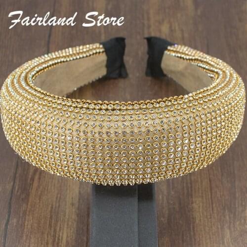 Fairland Luxury Full Crystal Gypsophila Rhinestone Chic Baroque Padded Headband Thick Gold Women Party Wedding Crown Headwear