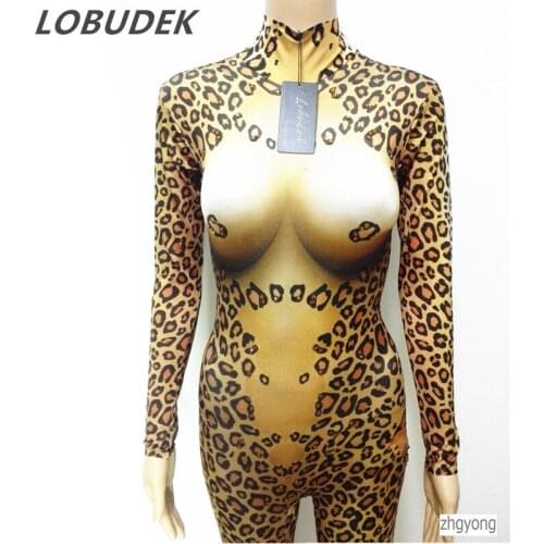 Tiger Leopard sexy female jumpsuit stage leopard print Leotard Zentai bodysuit Party Nightclub dance performance costume