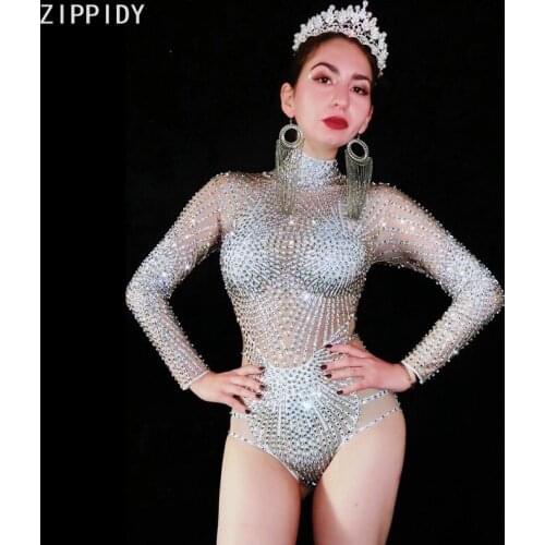 Silver Full Rhinestone Long Sleeve Bodysuit Women Dance Singer Show Evening Wear Prom Birthday Celebrate Skinny Wear