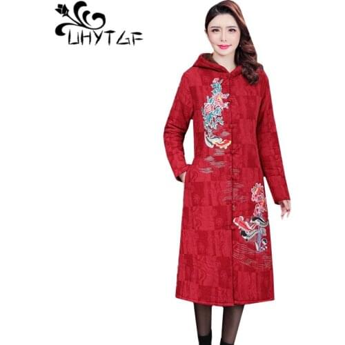 UHYTGF Coats woman winter parka Cotton coat retro embroidery elegant female jacket Plus velvet Thick Warm 5XL plus size coat 676