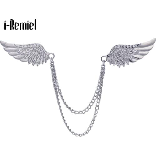 Vintage Crystal Angel Wings Brooches Pins Metal Chain Shirt Collar Lapel Pin Brooch for Men Women Fashion Jewelry Accessories