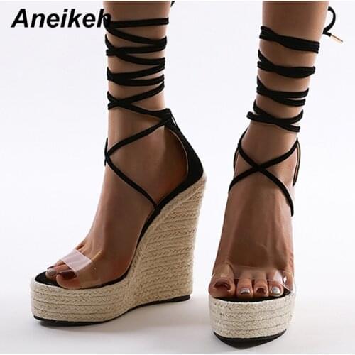 Aneikeh 2020 Summer Fashion Gladiator Wedges Sandal Women Flock Cross-tied Lace-Up High Heels Party Daily Pumps Shoes Size 35-42