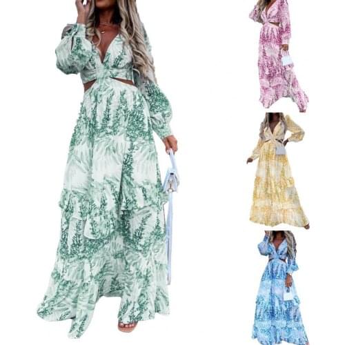 Women Dresses 2021 Summer Dress Bohemian Maxi Dress Long Sleeve Large Hem Deep V Neck Floral Leaf Print Beach Wear платье летнее