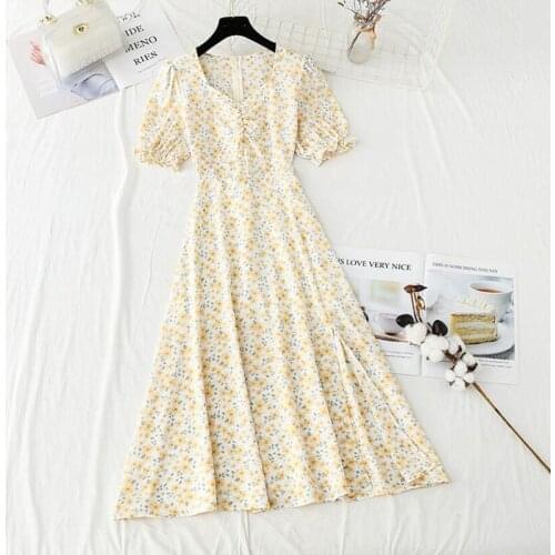 Elegant Midi Dress Womens 2021 New Floral Print V-neck Split Slim Sweet Chiffon Dresses Summer Vintage Office Lady Dress