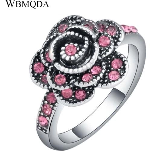 2018 New Fashion Flower Pink Crystal Ring Silver Color Love Wedding Rings For Women Vintage Jewelry Gift Wholesale Lots Bulk