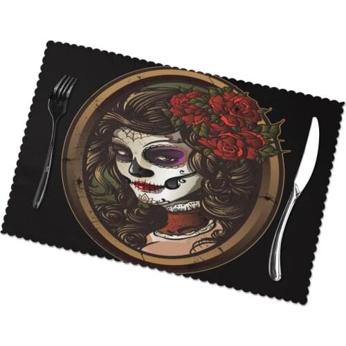 6 PCS Placemat Table Mat Sugar Skull Girl For Tables Heat-insulation Linen Kitchen Dining Pads