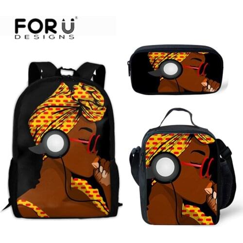 FORUDESIGNS Afro Black Girls African Backpack for Kids 3pcs/set School Bags Children Shoulder Softback Teenagers School Bag 2019