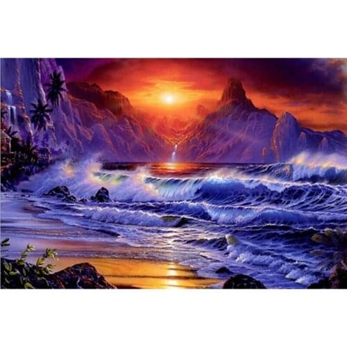 DIY 5D Diamond Painting Sea Scenery Sunset Diamond Embroidery Cross Stitch Full Round Rhinestones Mosaic Landscape Wall Decor