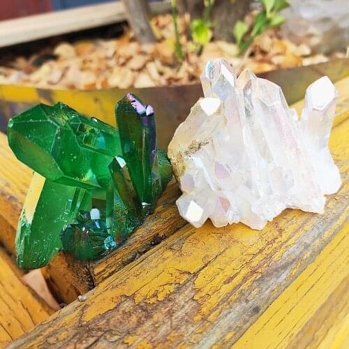 Aura angel crystal cluster green and white natural Titanium coating gemstone quartz cluster Healing home decor
