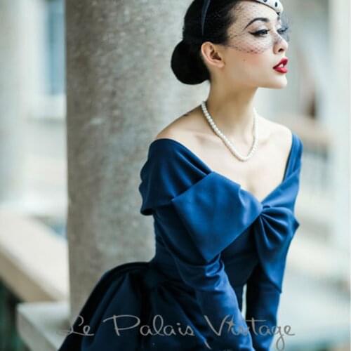 FREE SHIPPING Le Palais Vintage Limited elegant Retro Blue fold butterfly collar slim dress