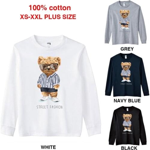 BLINGPAW Spring/Autumn Teddy Bear Graphics Unisex Long Sleeve T-Shirt O-Neck Tops Casual 100% Cotton Plus Size Streetwear