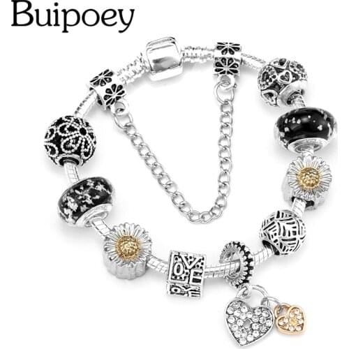 Buipoey Two-tone Heart Charm Bracelet For Women Men Original Black Luminous Glass Beads Love Beads Silver Color Bangle Jewelry