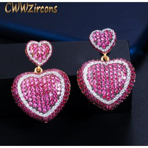 CWWZircons Black Gold Color 2 Tone Rose Red Cubic Zirconia Dangle Drop Love Heart Shape Earrings for Women Party Jewelry CZ814