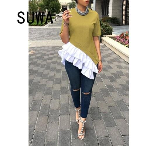 Elegant Fashion Print Ruffle Blouse Shirts Office Lady 2021 Autumn Summer Slim Short Sleeve T-Shirt Women Sexy O-neck Plus Size