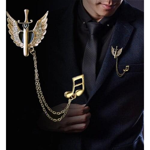 European and American notes vintage sword angel wings mens suit brooch and womens crystal collar brooch pin badge