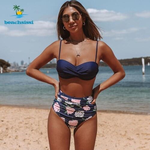2021 New Beachsissi Twist Front Spaghetti Strap Flower Print Ruched High Waist Bikini Set Adjustale Shoudler Strap Modest Bikini