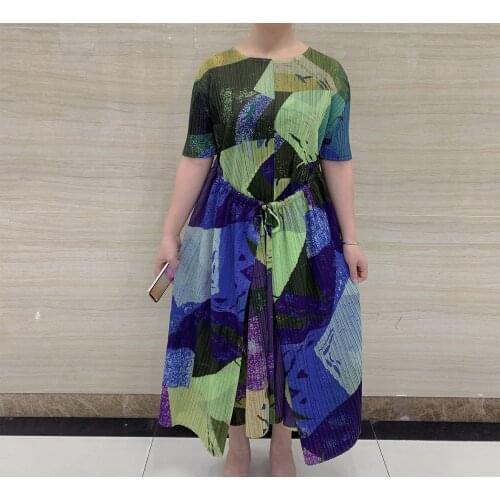 Miyake Pleats 2021 Summer New European And American Style Large Size Fashion Age Reduction And Thin Print Medium And Long Dress