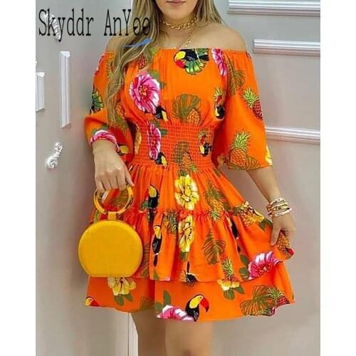 Summer Dresses For Women 2021 Robe Femme Off Shoulder Elegant Floral Dress Short Sleeve Slim Ladies Dress
