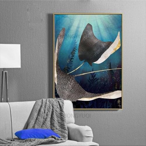 Metallic stingray ocean animal poster wall art canvas nordic poster modern modular home living bedroom decoration frames