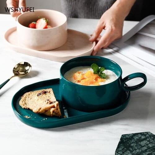 Nordic style breakfast bowls and plates, with handles, cups and saucers, and salad cereal bowls, creative household tableware