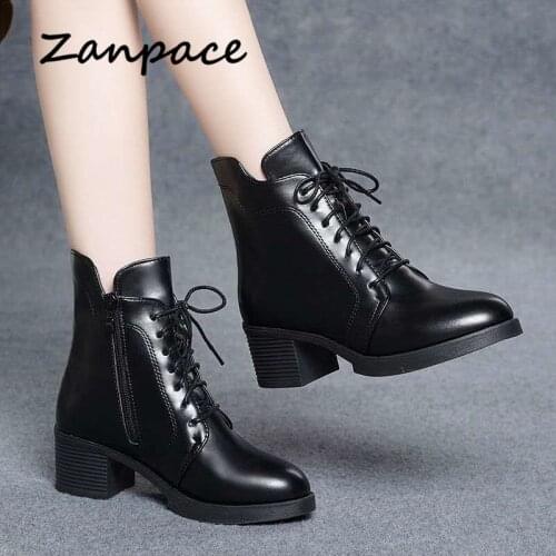 ZANPACE 2020 New Winter Boots Women Lace-Up Keep Warm Fur Womens Autumn Shoes Leather High Heel Pointed Toe Womens Ankle Boots