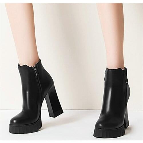 New Punk Goth Ankle Boots Women Genuine Leather High Heel Motorcycle Boots Female High Top Round Toe Chunky Platform Pumps Shoes