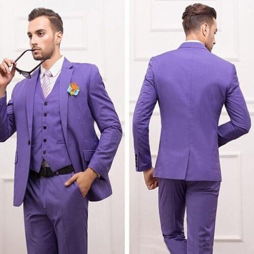 Slim Fit Groomsmen Purple Groom Tuxedos Notch Lapel Center Vent Men Suit One Button Best Man Wedding Suits Jacket+pants+vest