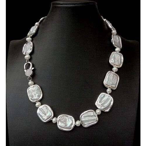 YYGEM Cultured White freshwater Pearl Rectangle Shape Keshi Pearl White Gold color Plated Edge Choker Necklace 20"