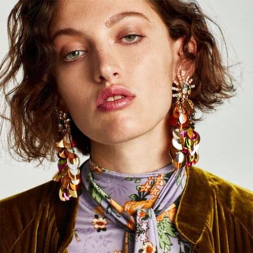 BK Fashion Luxury Sequin Tassel Long Drop Earrings for Women Full Leaves Shape Vintage Handmade Long Chain Earing Girls 7Colors