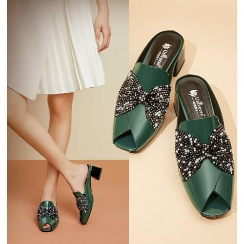 Universe M161 Latest Design Top Fashion Green Glitter Butterfly-Knot Peep Toe High Quality Genuine Leather Heels Mules Slippers