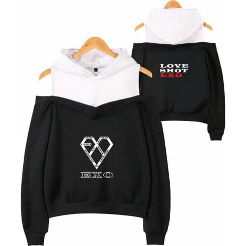 EXO Off-Shoulder Hoodies Popular sexy Women Clothes korean Harajuku Sweatshirts Kpop Long Sleeve Fake two pieces female hoodies